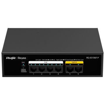 Reyee Papa De oficina Cambiar - Caja metálico - 6 puertos RJ45 10/100 Mbps - 4 Puertas Papa+ 802.3af/at + 2 Puertas Uplink - Enchufar y Jugar - Tecnología ahorros de energía