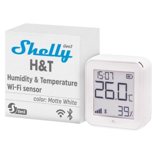 Shelly H&amp;T Gen 3 Branco Mate - WiFi 2.4 GHz IEEE802.11 b/g/n / Bluetooth - Sensor H&amp;T - Ecrã de baixo consumo de energia - Suporta 5V / 4 Pilhas AA - Compatível com Alexa e Google