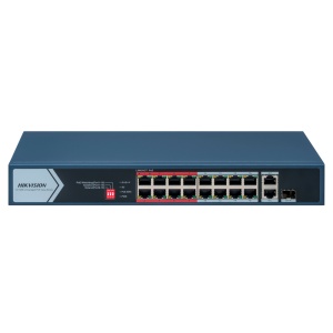 Switch PoE Hikvision - 16 portas RJ45 FE + 2 Gigabit RJ45/SFP portas [%VAR%] - 16 Portas PoE+ 802.3af/at - Até 130w Potência PoE total - PoE Extended / PoE Watchdog / Isolamento de portas - Instalação na parede ou na secretária
