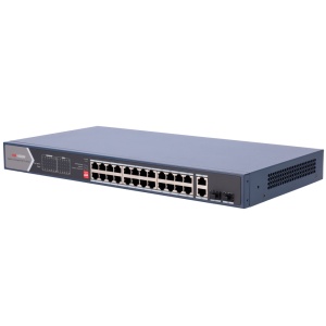 Switch Poe Hikvision - 24 RJ45 Gigabit + 4 Gigabit de liaison vers le haut RJ45 / SFP - 20 POE + 802.3AF / AT + 4 HI -POE 802.3AF / AT / BT - Jusqu'à 370w POE POE POE - POE Extension / POE Watchdog / Insulation de porte - Installation sur le tableau