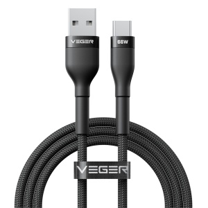 Veger - Cabo USB 2.0 para computadores portáteis - USB-A para USB-C - Revestimento metálico, Nylon trançado - Comprimento 1.2m - Carregamento rápido 66W : Cor preta