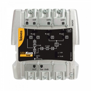 Amplificador MiniKom MATV 4e/1s "EasyF": FM-VHF-UHF-UHF G 15-(24||34)-(26||36)-(26||36)dB Vs 113-114-116-116dBµV Alim.Pré-amp.12V-200mA (Passagem DC Comutável)