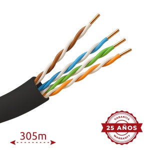 Cabo UTP - Categoria 5E - Bobine de 305 metros - Condutor OFC, pureza 99.9% cobre - Diâmetro 4.5 mm - Revestimento especial para exterior