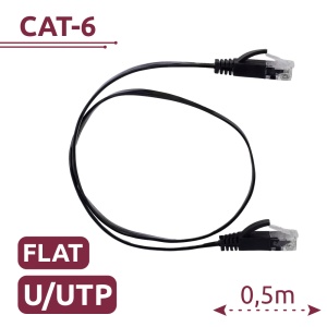 Cabo UTP Flat - Ethernet - Conectores RJ45 - Categoria 6 - 0,5 m - Cor preto
