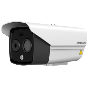 Câmara Térmica IP Dupla Hikvision Gama PRO - Sensor térmico 256x192 VOx | Lente 6.9 mm - Sensor óptico 1/2.7” 4 Mpx | Lente 6.3 mm - Sensibilidade térmica ≤ 40mK | 4G - Deteção e alarme preventivos de incêndios - Taxa de medição do tempo -20~150ºC / ± 8ºC