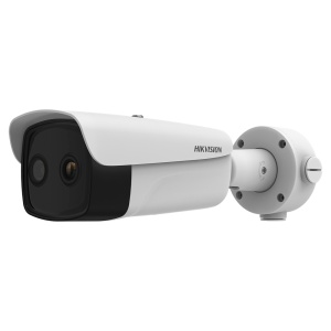 Câmara Térmica IP Dupla Hikvision Gama PRO - Sensor térmico 384x288 VOx | Lente 9.7mm - Sensor ótico 1/2.7” 4Mpx | Lente 6.4mm - Sensibilidade térmica ≤20mK (25°C, F1.0) - Deteção e alarme preventivos de incêndios - Intervalo de medição temp -20~150ºC / ±