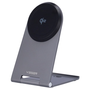 Carregador sem fios VEGER - Potencia 15W - Entrada USB-C - Carregamento rápido - Saída sem fios | MagSafe - Com suporte rebatível: cor prateada