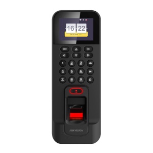Controlo de acesso e presença - Impressão digital, cartão EM e PIN - 3.000 utilizadores | 100.000 registos - TCP/IP, WiFi, USB, RS485 e Wiegand - 2.4" TFT | Controlador integrado - iVMS-4200 | Hik-Connect