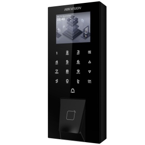 Controlo de acesso e presença PoE IP65 - Impressão digital, cartão MF e PIN - 5.000 utilizadores | 150.000 registos - TCP/IP, WiFi, USB, RS485 e Wiegand - 2.4" TFT | Controlador integrado - iVMS-4200 | Hik-Connect