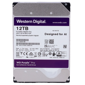 Disco rígido Western Digital PRO - Capacidade 12 TB - Interface SATA até 272 MB/s - Modelo WD122PURP - Concebido para soluções DeepLearning - Suporta até 32 transmissões de IA