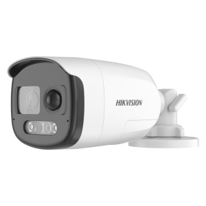 Hikvision câmara Bullet TVI - Resolução 2 MP (1920x1080) MP [%VAR%] - Lente 2.8 mm | Deteção de movimento - PIR | ColourVu: Imagem a cores 24 horas - Alcance da luz branca 40 m | Alarme luminoso - IP67 | Microfone integrado | Áudio sobre coaxial