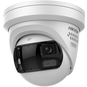 Hikvision câmara IP Turret Panorâmica 180º - Gama Pro | Resolução 8 MPx | PoE IEEE802.3at - ColorVu3.0: imagem a cores HIKAI-ISP F1.0 1/1.8" - Lente 2 x 2.8 mm (180º)l | Luz híbrida até 30m - AcuSense3.0 | Sirene e flash de dissuasão - Microfone duplo | A