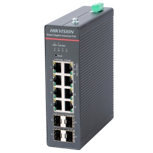 Hikvision Switch Industrial PoE Cloud Capa 2 - 8 PoE+ Gigabit-Ports + 4 SFP-Gigabit-Ports - Kompatibel 802.3af/at/bt / Maximal 300 W - Statische LAG/DHCP Snoop/IGMP Snoop/Port Mirror - VLAN/Loop Prevention/STP/RSTP/ACL/Watchdog - Auf DIN-Schiene montiert