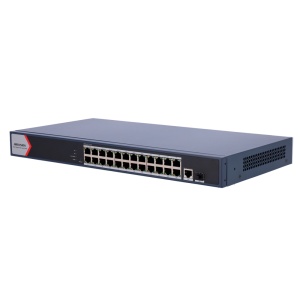 Hikvision Switch PoE Gerível - 24 Portas PoE Gigabit + 2 Uplinks Gigabit - Uma porta RJ45 dedicada e uma porta SFP ótica - Potência de 30W por porta / Máximo 230W - Transmissão de longo alcance até 300m - PoE Watchdog para reinicialização automática das c