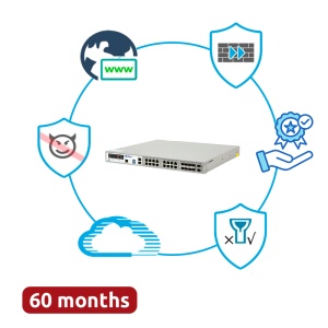Hillstone Networks Bundle - Hardware + 60 meses de serviços completos - Portas 2xSFP+ (10G), 8xSFP e 16xGE - 20Gbps FW / 6.5Gbps NGFW Throughput - Inclui 2 pares de portas de bypass para HA - Inclui IPS, AV, URL, QoS, IPR, C2 e Sandbox