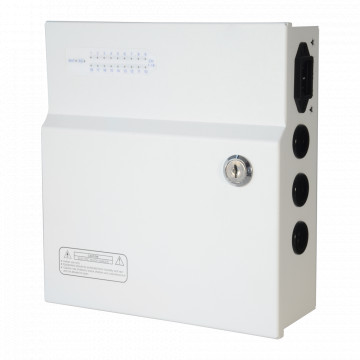Power Distribution Box - 1 AC 110 V ~ 220 V entry - 18 outputs per copper pair - PTC Fuse Protection Remarrable - Exit Voltage 12 V / 250 W - UPS Function (Sai)