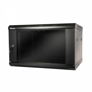 Rack Bastidor 19" 6U. Porta de vidro temperado e laterais acessíveis. Dimensões: 600x370x450mm. Instalação: Parede/Solo (Desmontado)