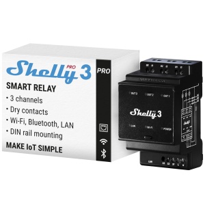 Relé Shelly Pro 3 - Controlador Inteligente para Calha DIN - Relé de 3 canais independentes / contacto seco - WiFi 2.4GHz / Bluetooth / LAN - Suporta A C110-240V / DC 30V - Compatível com Alexa e Google