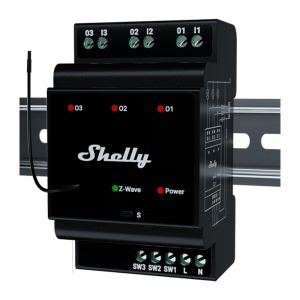 Relé Shelly Wave Pro 3 LR - 3 Contacto seco com potencial até 16 A - Montagem em calha DIN no interior do quadro - Z-Wave Long Range com mais de 1 km de alcance - Alimentação de 110 a 240 V CA, 50/60 Hz - Estrutura ignífuga com classificação V-0