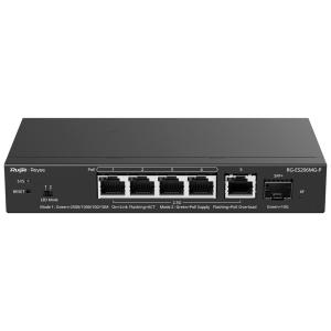 Ruijie Reyee Cloud Managed L2 Switch - 4 Portas 2.5G PoE/PoE+ + 1 Uplink RJ45 2.5G - 1 Ranhura SFP+ de 10 Gbps para fibra ótica - Potência PoE+ de 30W por porta / Total 70W - Sistema PoE Watchdog para reinicialização automática de câmaras - Gestão na nuve