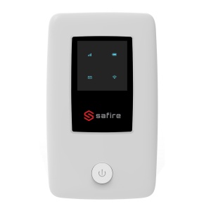 Safire Router 4G Portátil - Conexão RJ45 10/100 ou WiFi 802.11 b/g/n - Até 32 conexões WiFi simultâneas - Bateria 3000 mAh até 8h autonomia - Slots para cartões micro SIM e micro SD - LEDs indicadores de atividade