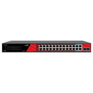 Safire Switch Hi-PoE - 24 portas PoE + 2 RJ45 Uplink + 2*MGESFP Uplink - Velocidade da porta Fast Ethernet 10/100 Mbps - 22 Portas PoE+ 30W + 2 Portas Hi-PoE 60W - PoE Watchdog - Até 300W Potência PoE total