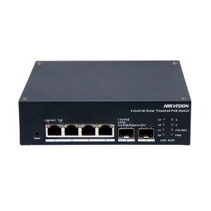 Switch industrial PoE para instalações solares - 4 Portas PoE Gigabit + 2 Uplinks ópticos SFP - Suporte a Hi-PoE 90W e PoE passivo de 24V - Entrada solar de 12V a 24V y entrada DC 54V - Monitorização de baterias através do Hik-Connect - Gama de temperatur