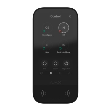 Teclado com ecrã tátil e RFID - Grau 2 - Sem fios 868 MHz Jeweller - Ativação/desativação total ou em grupo - Controlo dos cenários de automatização - Autenticação: códigos, leitor RFID ou Bluetooth - Notificações visuais e sonoras