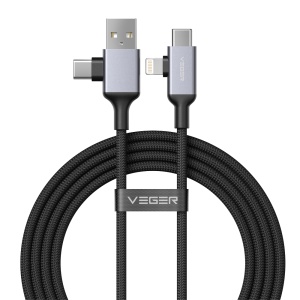 Veger - Cabo USB 2.0 4 em 1 - USB-A / USB-C a USB-C / Lightning - Conector em liga de alumínio - Carregamento rápido PD 60W | 480Mbps - Comprimento 1.2m | Cor preta