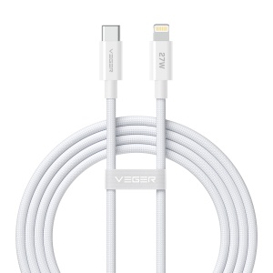 Veger - Cabo USB 2.0 para qualquer dispositivo - USB-C para Lightning - Revestimento metálico, nylon trançado com ABS - Carregamento rápido PD 27W | 480Mbps - Comprimento 1.2m | Cor branca