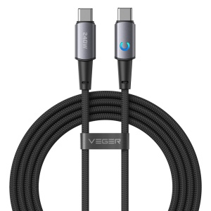 Veger - Cabo USB 2.0 para qualquer dispositivo - USB-C para USB-C - Conector em liga de alumínio com LED - Carregamento rápido PD 240W | 480Mbps - Comprimento 1.5m | Cor preta