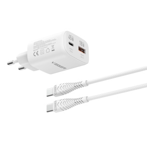 VEGER - Carregador de parede - Carregamento rápido 45W | Com tecnologia GaN - Saídas USB-C, USB-A - Cabo USB-C para USB-C 1.2m incluído - Cor branco