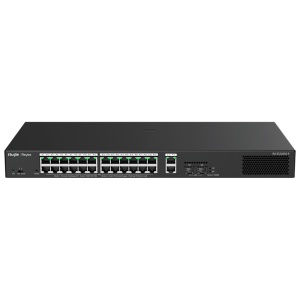 Verwaltbarer Cloud-PoE-Switch von Reyee – 24 PoE 802.3af/at + 2 SFP + 2 RJ45-Uplink – 26 RJ45 10/100/1000 Mbit/s + 2 SFP 10/100/1000 – 30 W pro Port 802.3af/at / maximal 370 W – VLAN/Port-Isolation/Loop-Erkennung – Port-Geschwindigkeitsbegrenzung
