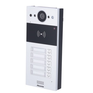Videoportero IP de superficie - Cámara de 2 MPX | Audio bidireccional - Apertura con tarjetas EM/MF y NFC | 2 relés - 5 viviendas | PoE, estándar SIP - Mantenimiento en la nube - Conexión vía nube | Salida de 12 V