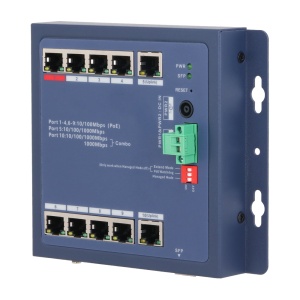X-Security Industrial L2 Managed Switch - 8 portas PoE 10/100 (Porta 1 BT até 90W) - Uplink dual: 1x RJ45 Gigabit e 1x Combo Giga - Gestão centralizada através de um ambiente Web local - DIP Switch: Modo Extend (250m) e PoE Watchdog - Chassis blindado IP3