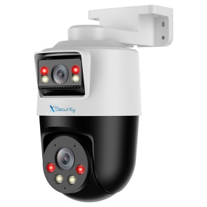 X-Security IP ULTRA Tandem-Reihe – Doppelobjektiv (2 Mpx Panorama + 2 Mpx PT) – 4 mm PT-Objektiv | Panoramaobjektiv 4 mm - Dual Light 30 m | Abschreckender Alarm und Blitz – Mikrofon und Lautsprecher | MicroSD | IP66 – IVS | SMD 4.0 | PoE