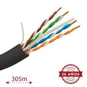 Cabo UTP rígido para exterior - Categoria 6 - Atende com 90m Fluke test - Condutor OFC, pureza 99.9% cobre - Bobine de 305 metros - Diâmetro 5.5 mm