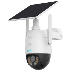 Câmara Dome IP - Gama Uniarch - 3 MP | Lente 4 mm | microSD 512 GB - Luz branca 30 m | IV 30 m - 4G | Bateria solar | AOV | UMD - Microfone | Altifalante | IP66