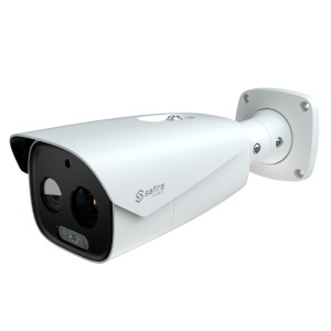 Cámara térmica IP Safire Smart Dual Bullet - Sensor térmico VOx de 12 μm y 384 x 288 | Lente de 25 mm - Sensor óptico de 1/2,7” y 5 Mpx | Lente de 16 mm - Sensibilidad térmica ≤ 35 mK - IA basada en clasificación de personas y vehículos - Frecuencia de medición de tiempo -20~150 °C
