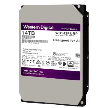 Disco rígido Western Digital PRO - Capacidade 14 TB - Interface SATA até 255 MB/s - Modelo WD142PURP - Concebido para soluções DeepLearning - Suporta até 32 transmissões de IA