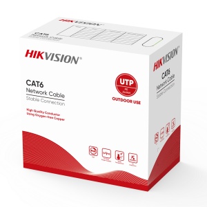 Hikvision cabo UTP categoria 6 - Condutor OFC, 99,5% cobre - Material PE - Fornecido numa caixa de cartão de 305m. - Revestimento especial para exterior