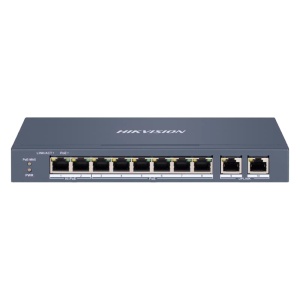 Hikvision HiPoE verwaltbarer Switch – 8 PoE-Ports 802.3af/at + 2 RJ45 Uplink – 8 RJ45 10/100 Mbit/s + 2 RJ45 10/100/1000 Mbit/s – 802.3af/at/bt / Maximal 110 W – VLAN/Port-Isolation/Schleifenerkennung/LLDP – Link-Aggregation/PoE-Watchdog/SNMP