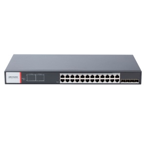 Hikvision Switch Industrial Smart Managed - 24 Portas PoE Gigabit + 4 Uplinks ópticos SFP - Suporte Hi-PoE de 90W / Máximo de 480W - Gama de temperaturas alargada -40°C a 75°C. - Transmissão de longo alcance até 300m - Alimentação dupla DC para redundânci