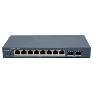 Hikvision Switch PoE Gerível - 8 Portas PoE 802.3af/at + 2 Uplinks SFP - Velocidade Gigabit 10/100/1000 Mbps por porta - Potência de 30W por porta / Máximo 80W - Transmissão de longo alcance até 300m - PoE Watchdog para reinicialização automática das câma