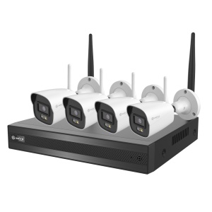 Kit CCTV inalámbrico Plug&amp;Play - 4 Cámaras Bullet de 4Mpx luz dual para exterior - 1 NVR de 8CH y espacio para 1HDD - WiFi Cascada - Inteligencia artificial de humano y vehículo - Compatible con Safire Smart APP