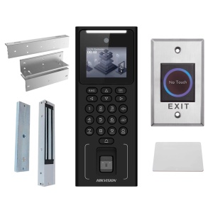 Kit de controlo de acesso - Facial, impressão digital, cartão MF e PIN - Autónomo, ventosa, perfil, botão de pressão e cartão - 2.4" TFT | Controlador integrado - Montagem na superfície - iVMS-4200 | Hik-Connect
