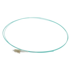 Pigtail de fibra óptica simplex - Fibra multimodo OM4 de alta velocidad - Conector LC con pulido UPC - Diámetro ultrafino de 0.9 mm (tight buffer) - Longitud exacta de 1.5 metros - Cubierta exterior LSZH color Aqua