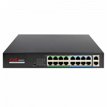 PoE-Switch – 16 RJ45-Ports + 2 RJ45-Uplink – 16 x 10/100 Mbit/s + 2 x 10/100/1000 Mbit/s – 16 PoE-Ports 802.3af/at bei 30 W pro Port – PoE-Gesamtleistung 160 W – erweitertes PoE bis zu 250 m. Ports 9–16