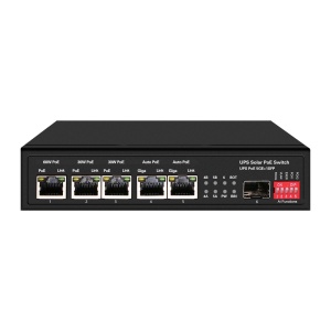 PoE-Switch – 5 PoE-Ports + 1 SFP – Portgeschwindigkeit 10/100/1000 Mbit/s – 1 x Hi-PoE (60 W) + 2 x PoE+ (30 W) + 2 x 24/48 V (25 W) – bis zu 65 W Gesamt-POE-Leistung – unterstützt 12 V/24 V-Batterien und 400 W-Panels