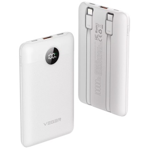 Power bank VEGER com ecrã LCD - Capacidade 10000mAh - Entradas Lightning, USB-C, cabo USB-C - Saídas USB-A, USB-C e cabos integrados - Cabos integrados: USB-C e Lightning - Carregamento rápido de dispositivos 3 ao mesmo tempo